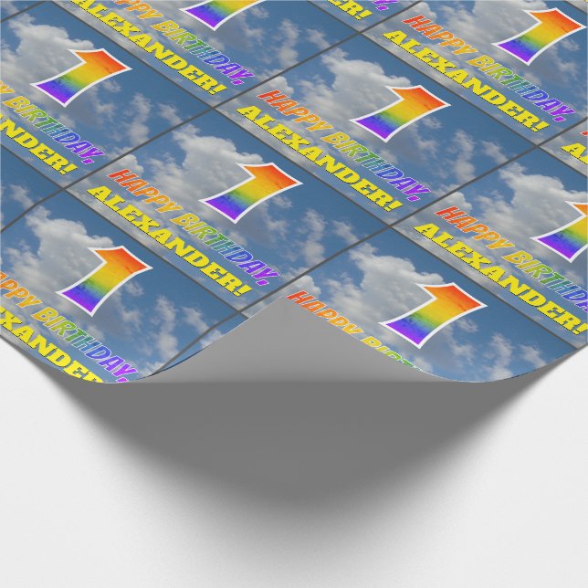 Regenbogen-Look "1" & "HAPPY BIRTHDAY", Wolken, Hi Geschenkpapier (Ecke)