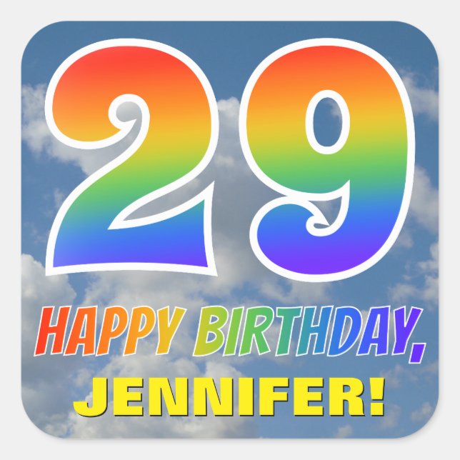 Regenbogen-Look "29" & "HAPPY BIRTHDAY", Wolken, H Quadratischer Aufkleber (Vorderseite)