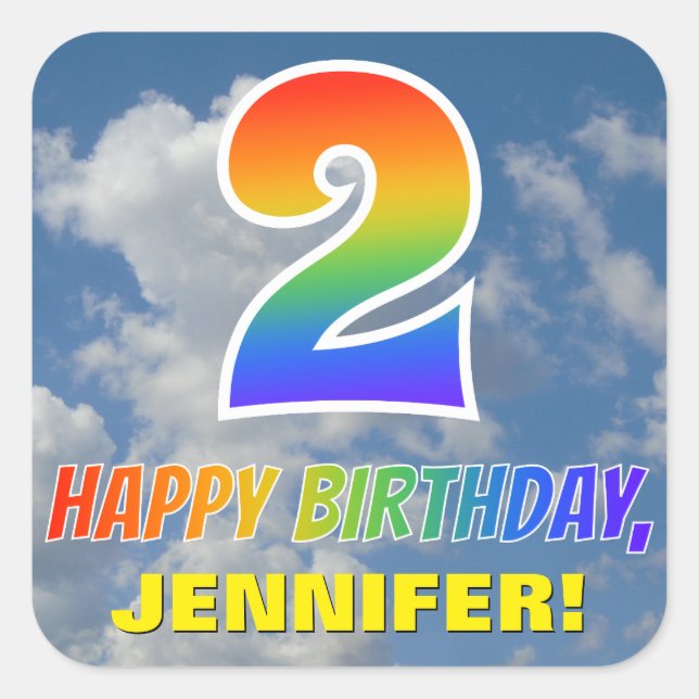Regenbogen-Look "2" & "HAPPY BIRTHDAY", Wolken, Hi Quadratischer Aufkleber (Vorderseite)