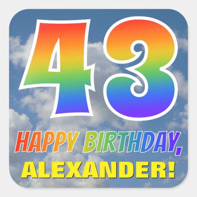 Regenbogen-Look "43" & "HAPPY BIRTHDAY", Wolken, H Quadratischer Aufkleber (Vorderseite)