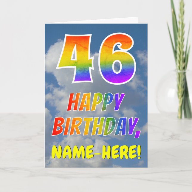 Regenbogen-Look "46" & "HAPPY BIRTHDAY", Wolken, H Karte (Vorderseite)