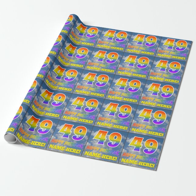 Regenbogen-Look "49" & "HAPPY BIRTHDAY", Wolken, H Geschenkpapier (Ungerollt)