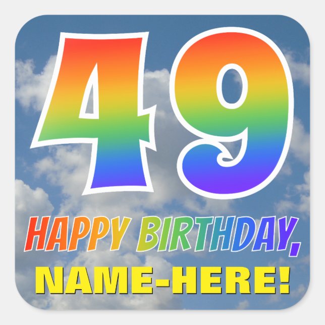 Regenbogen-Look "49" & "HAPPY BIRTHDAY", Wolken, H Quadratischer Aufkleber (Vorderseite)