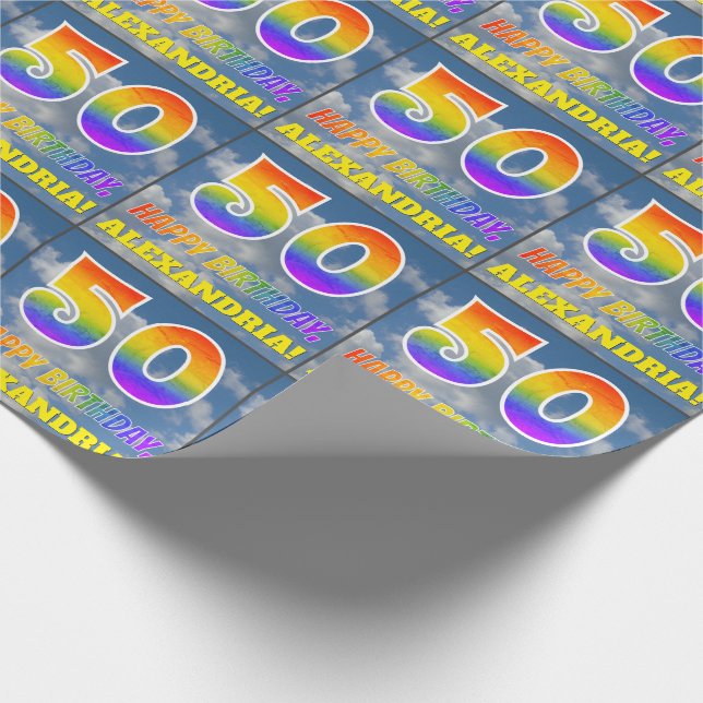 Regenbogen-Look "50" & "HAPPY BIRTHDAY", Wolken, H Geschenkpapier (Ecke)