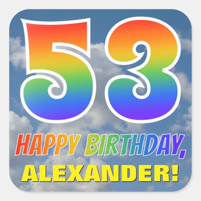 Regenbogen-Look "53" & "HAPPY BIRTHDAY", Wolken, H Quadratischer Aufkleber (Vorderseite)