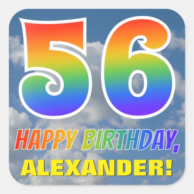 Regenbogen-Look "56" & "HAPPY BIRTHDAY", Wolken, H Quadratischer Aufkleber (Vorderseite)