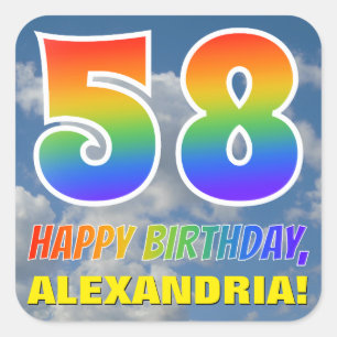 Regenbogen-Look "58" & "HAPPY BIRTHDAY", Wolken, H Quadratischer Aufkleber