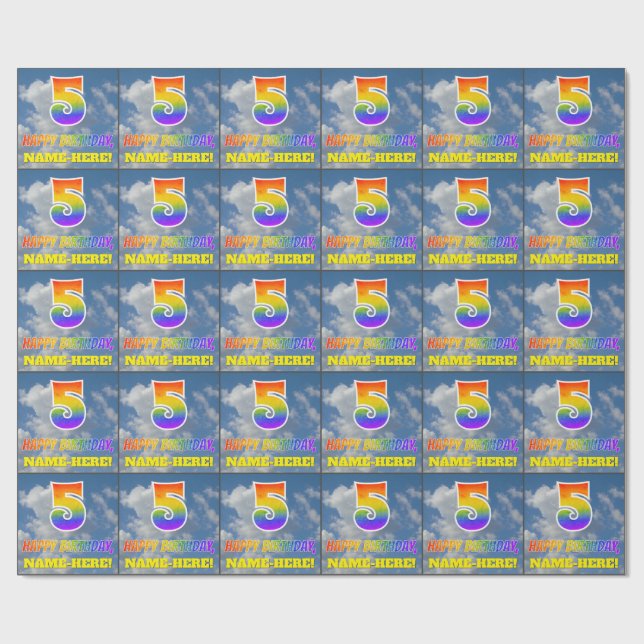 Regenbogen-Look "5" & "HAPPY BIRTHDAY", Wolken, Hi Geschenkpapier (Flach)