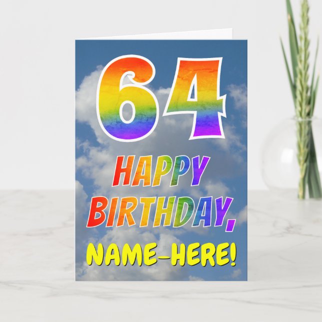 Regenbogen-Look "64" & "HAPPY BIRTHDAY", Wolken, H Karte (Vorderseite)