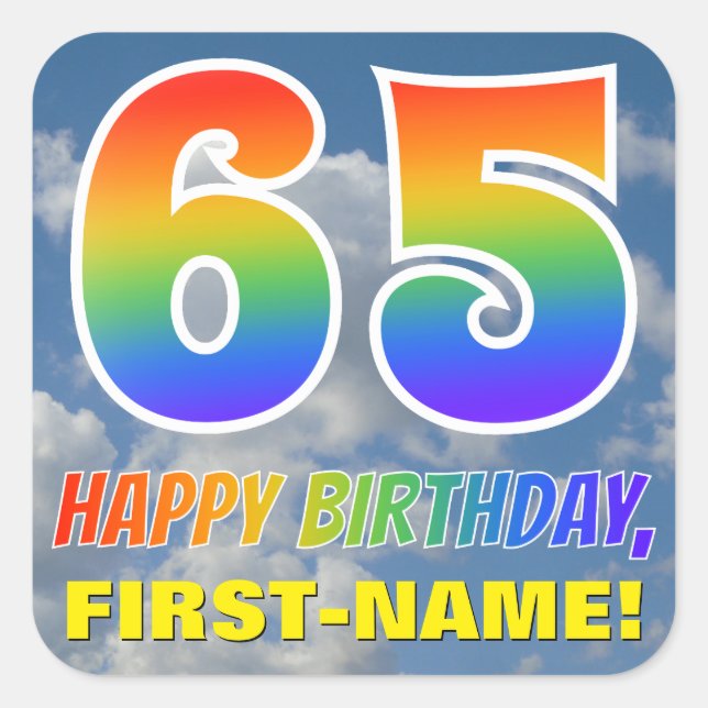 Regenbogen-Look "65" & "HAPPY BIRTHDAY", Wolken, H Quadratischer Aufkleber (Vorderseite)