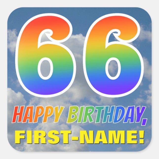Regenbogen-Look "66" & "GLÜCKLICHER GEBURTSTAG", W Quadratischer Aufkleber (Vorderseite)