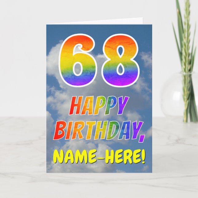 Regenbogen-Look "68" & "HAPPY BIRTHDAY", Wolken, H Karte (Vorderseite)