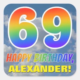 Regenbogen Look "69" & "GLÜCKLICHER BIRTHTAG", Wo Quadratischer Aufkleber