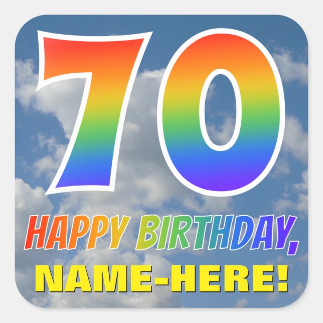 Regenbogen-Look "70" & "HAPPY BIRTHDAY", Wolken, H Quadratischer Aufkleber (Vorderseite)
