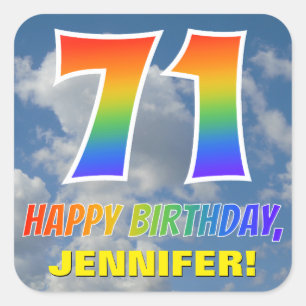 Regenbogen Look "71" & "GLÜCKLICHER BIRTHTAG", Wol Quadratischer Aufkleber