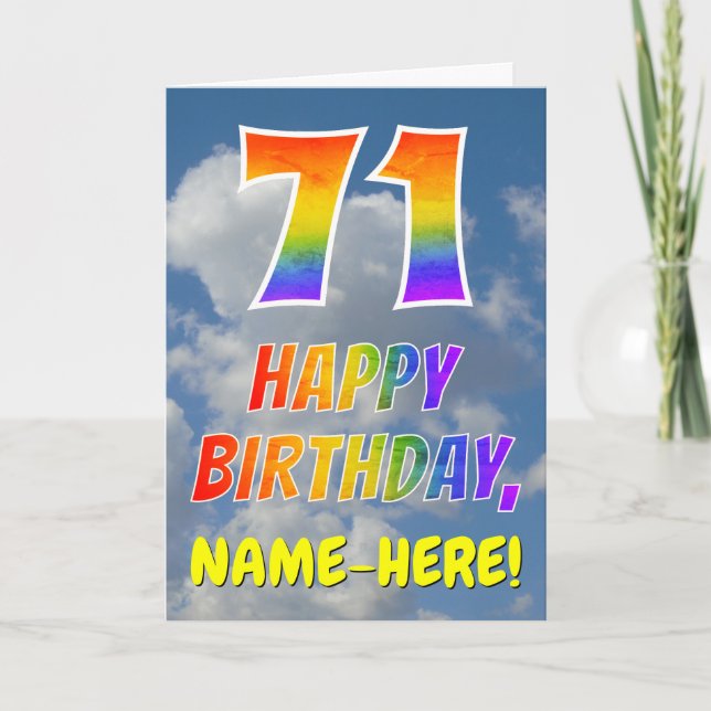 Regenbogen-Look "71" & "HAPPY BIRTHDAY", Wolken, H Karte (Vorderseite)