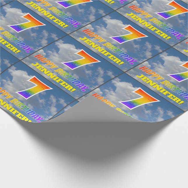 Regenbogen-Look "7" & "HAPPY BIRTHDAY", Wolken, Hi Geschenkpapier (Ecke)