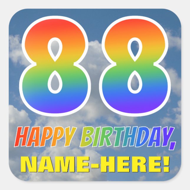 Regenbogen-Look "88" & "HAPPY BIRTHDAY", Wolken, H Quadratischer Aufkleber (Vorderseite)