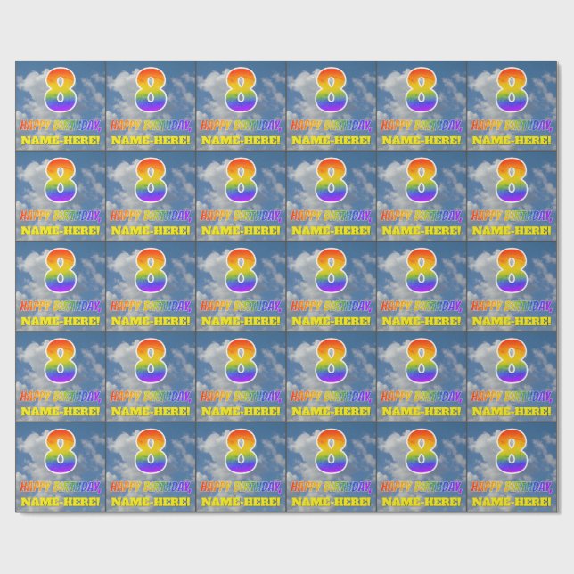 Regenbogen-Look "8" & "HAPPY BIRTHDAY", Wolken, Hi Geschenkpapier (Flach)