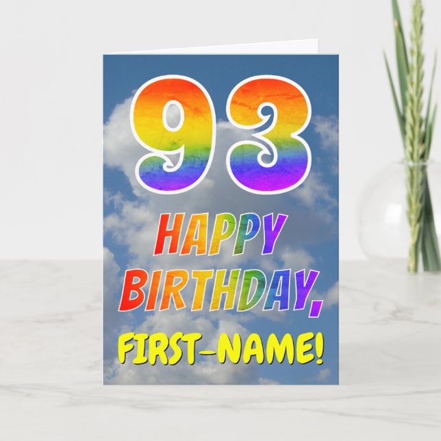 Regenbogen-Look "93" & "HAPPY BIRTHDAY", Wolken, H Karte (Vorderseite)