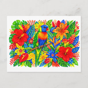 Regenbogen-Lorikeet Tropischer Hibiskus-Lilien-Mar Postkarte