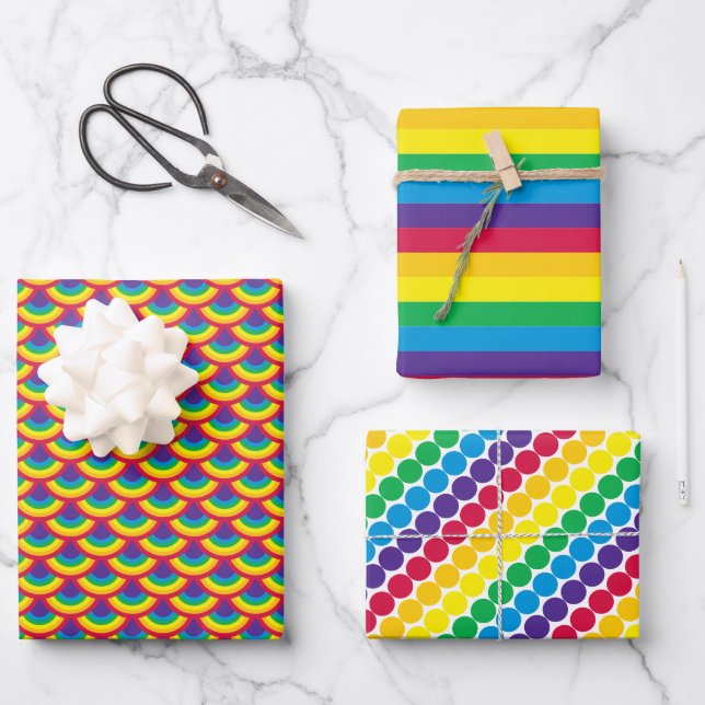 Regenbogen-Mermaid-Skalierung Streifen und Punkt Geschenkpapier Set (Vorderseite)