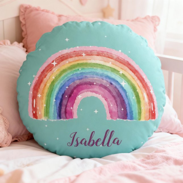 Regenbogen mit Sternchen | personalisierbares  Rundes Kissen (rundes türkises Kissen mit einem Aquaell-Regenbogen und weißen Sternchen, personalisierbar)