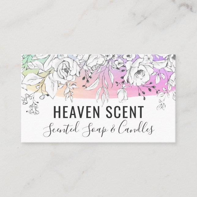 Regenbogen mit weißer Rose, geschliffene Seife und Visitenkarte (Vorderseite)