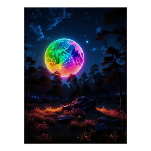 Regenbogen-Mondbeleuchtungswald - dynamische kosmi Poster (Vorderseite)