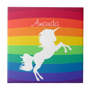 Regenbogen Muster Weißes Einhorn Personalisiert Ma Fliese