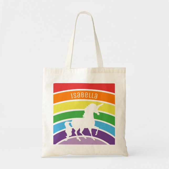 Regenbogen-Musterweißer Unicorn-personalisierte Tragetasche (Vorne)