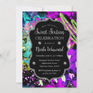 Regenbogen Neon Abstrakt Glitter Sweet 16 Einladung