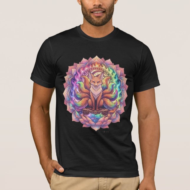 Regenbogen Neun-Schwänziger-Fuchs Kitsune-Mandala- T-Shirt (Vorderseite)