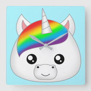 Regenbogen niedlicher Kawaii Unicorn-Gesichts-Kopf Quadratische Wanduhr