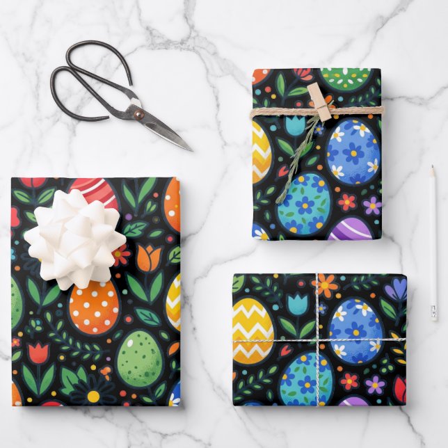 Regenbogen-Osterhasen-Eier und Blumen Geschenkpapier Set (Vorderseite)