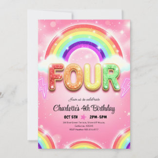 Regenbogen-Pailletten-Glitter 4. Geburtstag Einladung