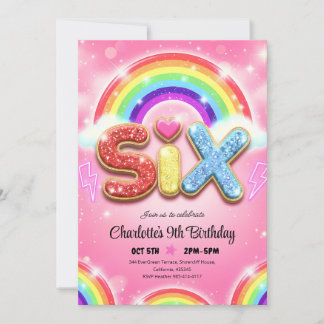 Regenbogen-Pailletten-Glitter 6. Geburtstag Einladung