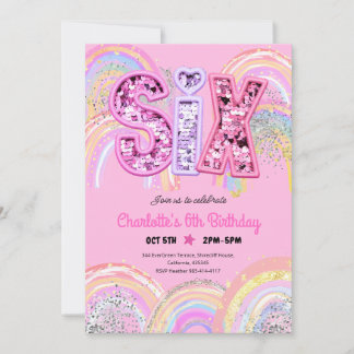 Regenbogen-Pailletten-Glitter 6. Geburtstag Einladung