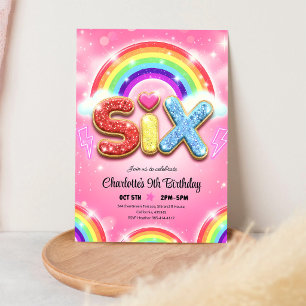 Regenbogen-Pailletten-Glitter 6. Geburtstag Einladung