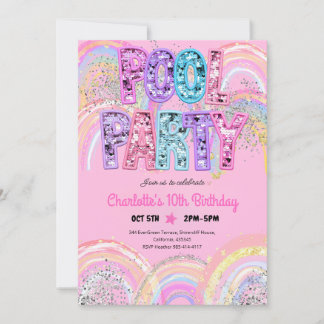 Regenbogen-Pailletten-Glitzer-Poolparty-Geburtstag Einladung