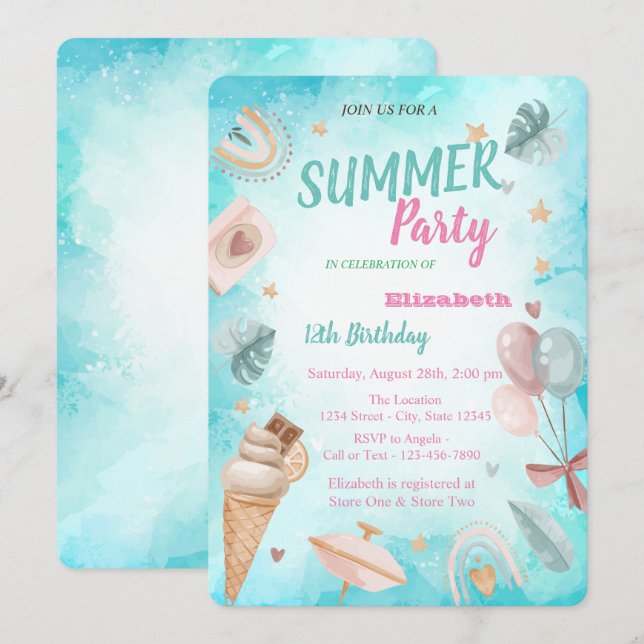 Regenbogen, Palmblättrige Blätter, Ballons Geburts Einladung (Vorne/Hinten)