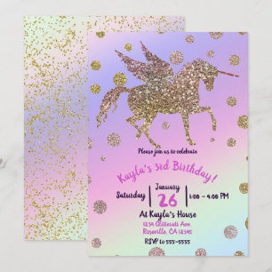 Regenbogen Pastell Gold Punkte Einhorn Geburtstags Einladung