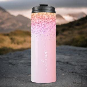 Regenbogen Pastell Mädchen Glitter Metall Monogram Thermosbecher