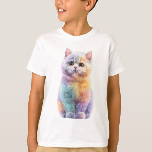 Regenbogen-Pastell-Wasserfarbe Fluffige Katze Kind T-Shirt