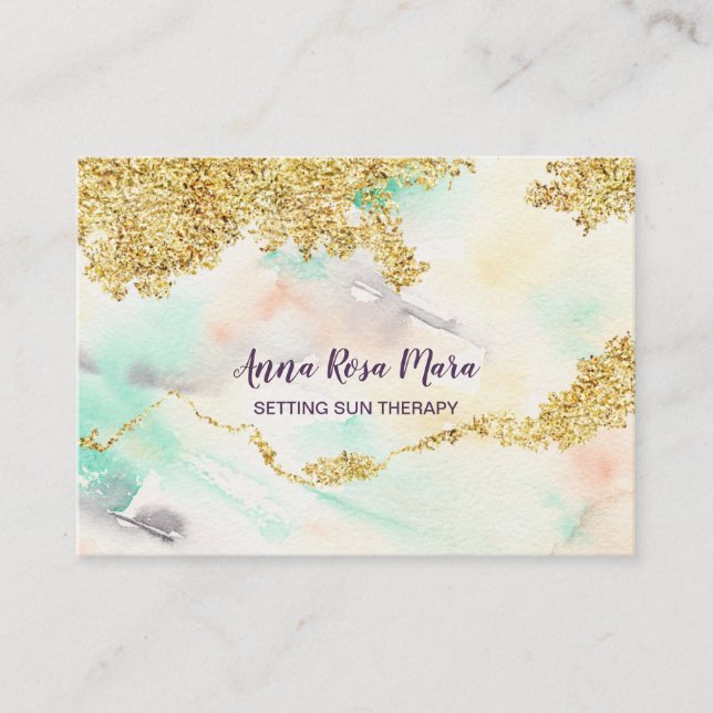 *~* Regenbogen-Pastell Wasserfarbenwash + Gold-Gli Visitenkarte (Vorderseite)