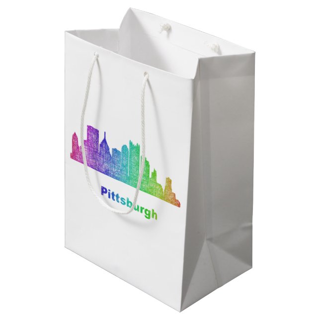 Regenbogen-Pittsburgh-Skyline Mittlere Geschenktüte (Vorderseite Schrägansicht)
