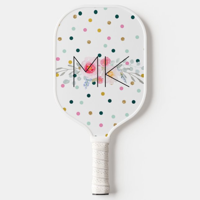 Regenbogen-Polka-Punkt-Faux-Gold-Pfingstrose-Monog Pickleball Schläger (Vorderseite)