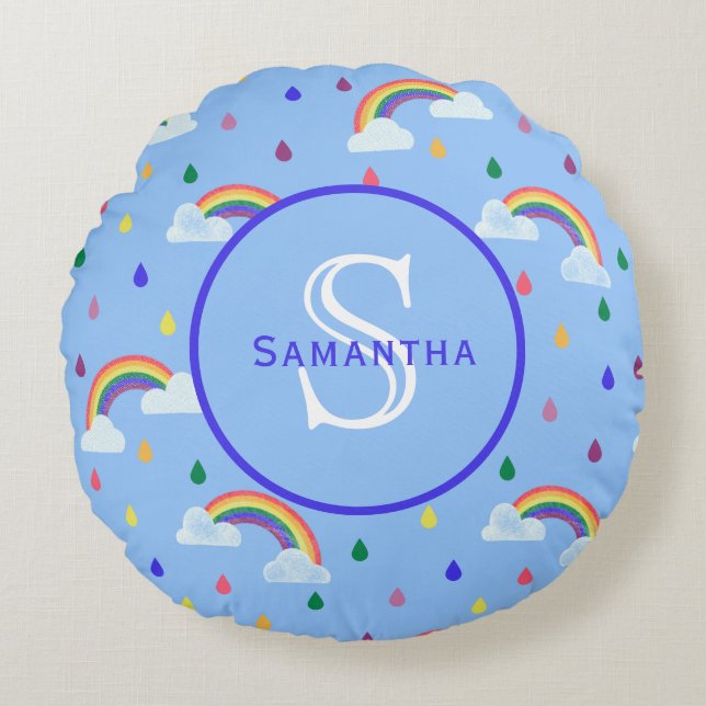 Regenbogen-Regenfälle Personalisierte Monogramm Rundes Kissen (Vorderseite)