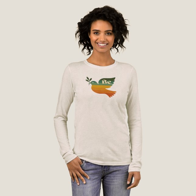 Regenbogen Retro Sei Friedenstaube Langarm Tshirt (Volle Vorderseite)