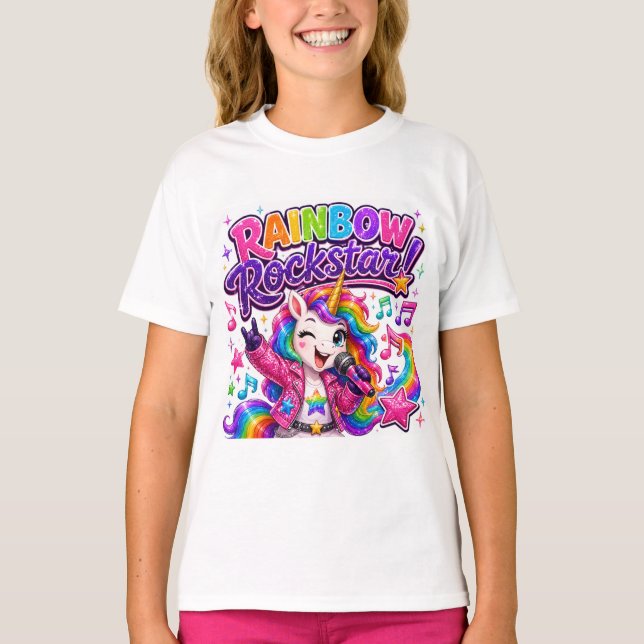 Regenbogen Rockstar Einhorn T-Shirt (Vorderseite)